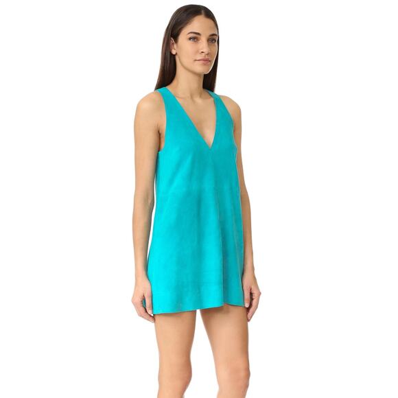 Free People "Retro Love' Suede Trapeze Dress Teal Aqua Sz M - Picture 1 of 8